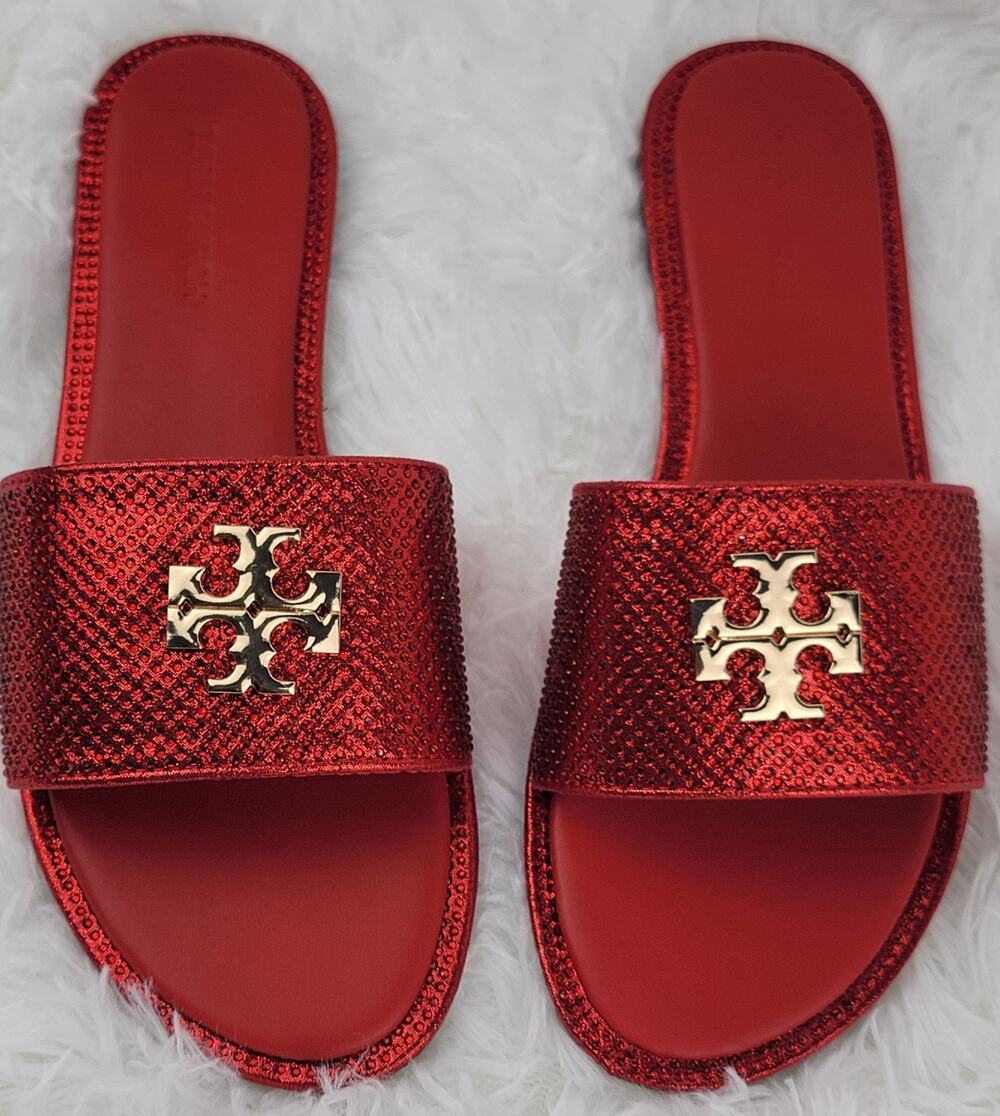 Designer Women Sz 7W 38 Sandals Red Bling Crystals Gold Logo Tory Slides NIB